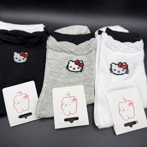 Kitty Ankle Socks 3 Pair Pack Black Grey White Kawaii Cute